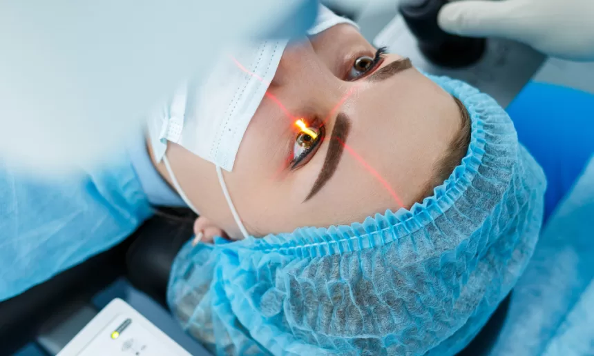 A woman in a blue gown undergoes an eye examination, preparing for cataract surgery.