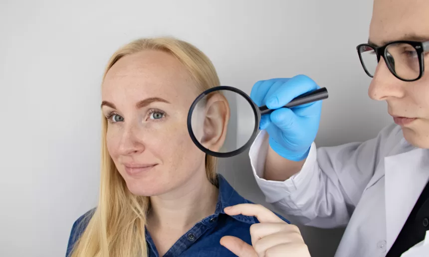 A woman examines a magnifying glass, symbolizing the detailed focus on ear reconstruction surgery.