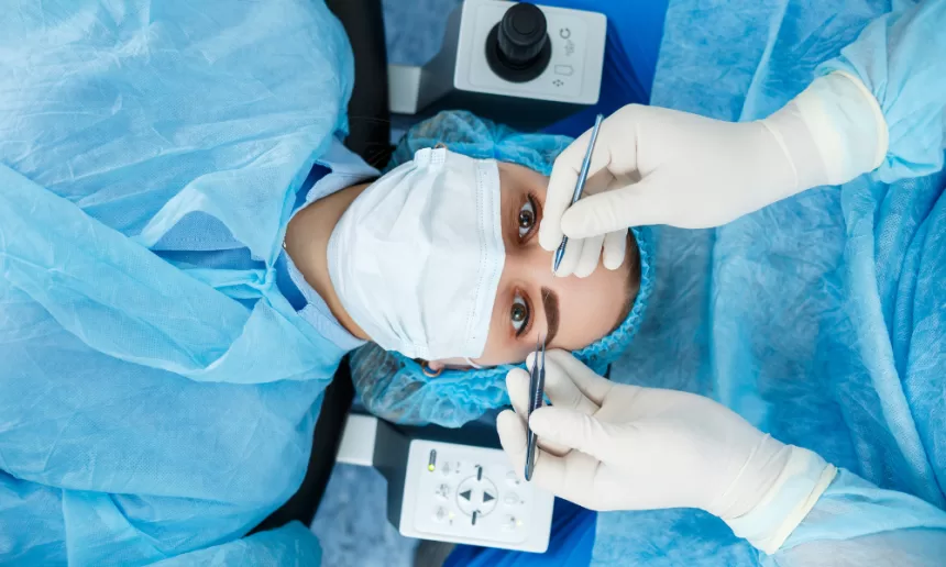 A woman in a blue gown sits in a dental chair as a hygienist cleans her teeth, showcasing a routine dental check-up.