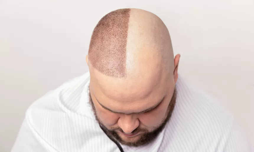 A bald man with a shaved head gazes downward, reflecting on his hair transplantation journey.
