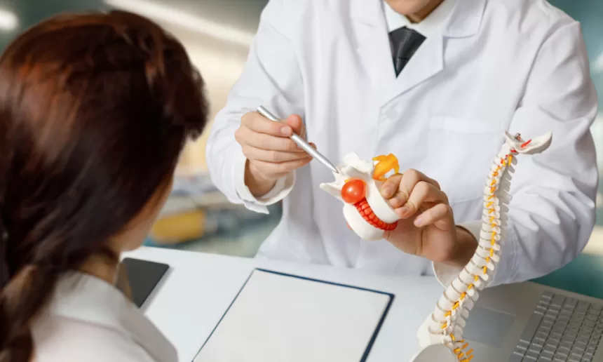 A doctor examines a human skeleton model, highlighting anatomy relevant to hiatal hernia surgery.