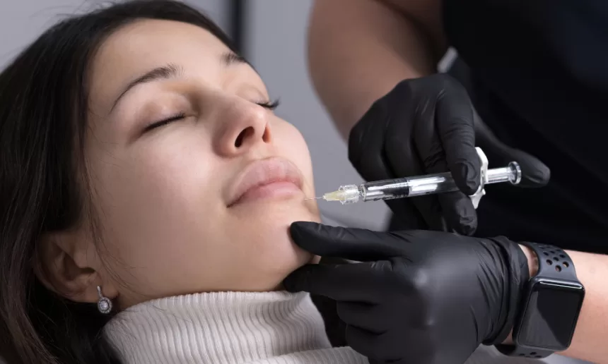A woman receiving a facial treatment, specifically lip augmentation, from a professional doctor in a clinical setting.