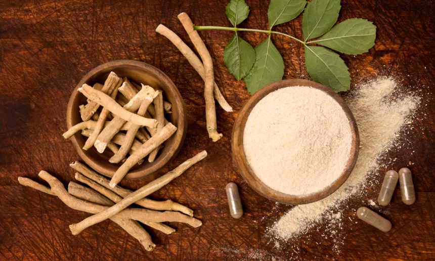 A collection of maca root powder recipes with smoothies, energy balls, and oatmeal on top of a wooden table.