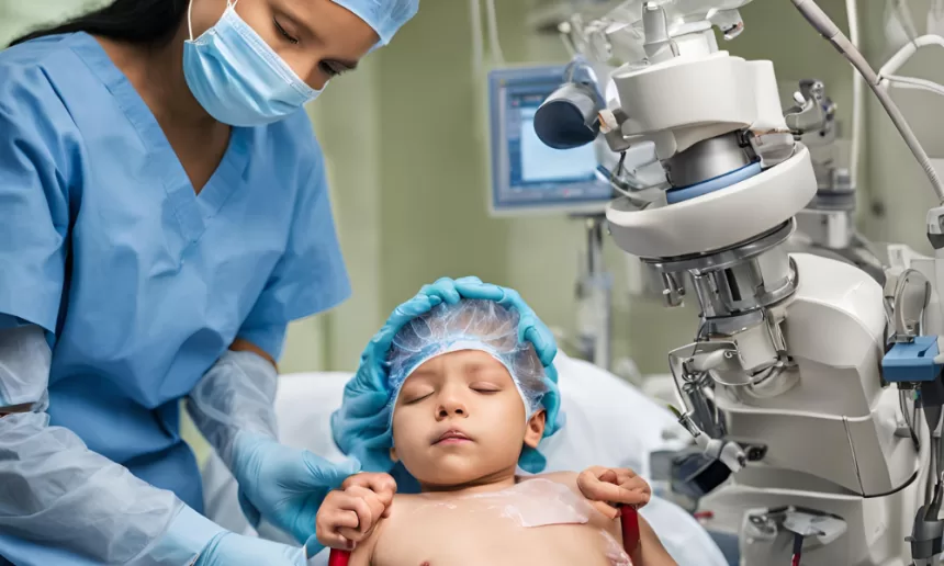 A woman in scrubs gently holds a child, symbolizing care in neonatal surgery for congenital anomalies.