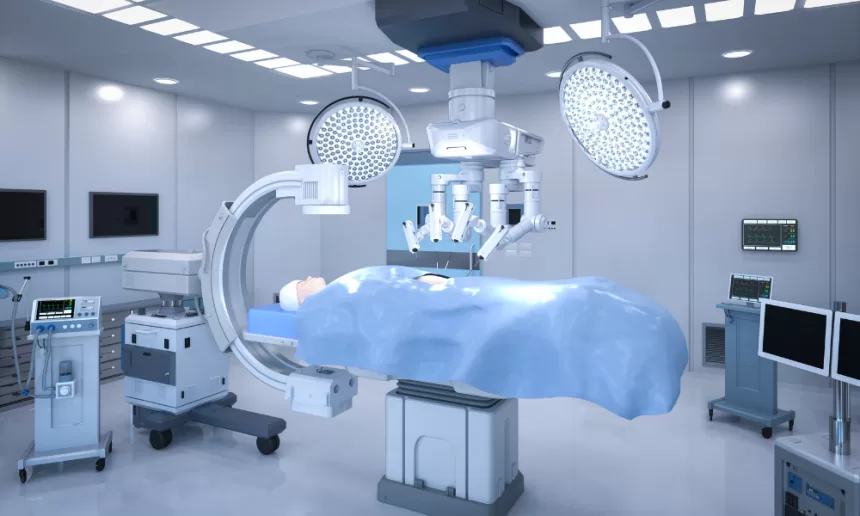 A hospital room featuring a patient recovering in bed after piles surgery, with medical equipment in the background.