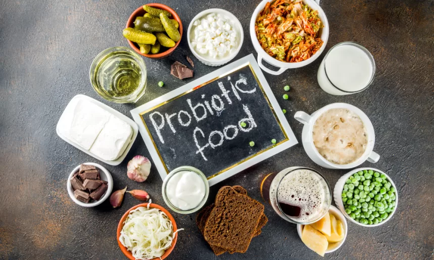 Colorful arrangement of prebiotic-rich foods including bananas, garlic, onions, asparagus, oats, and legumes on a wooden table.