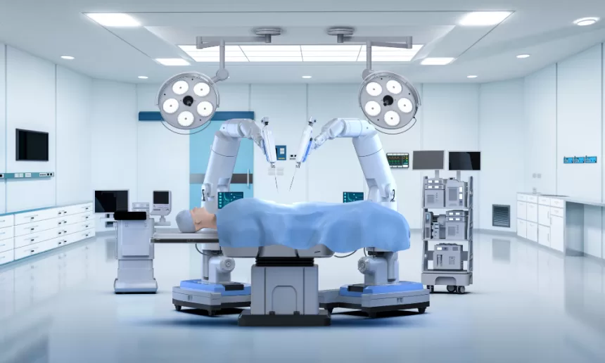 A modern hospital room featuring a high-tech robotic operating table designed for advanced surgical procedures.