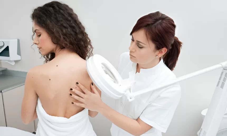 A woman receiving a therapeutic back massage from a doctor, focusing on relief after skin tumor excision.