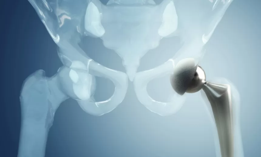 3D image of a hip joint, illustrating the anatomy involved in total hip replacement surgery.