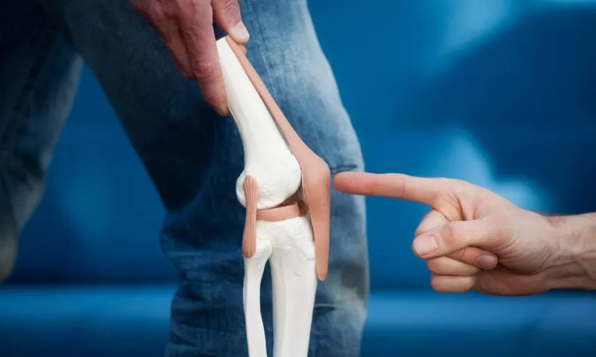 A person points at their knee joint, illustrating the area affected by total knee replacement surgery.