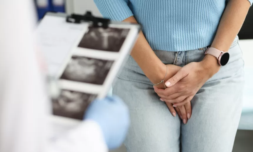 A woman places her hand on a doctor's clipboard, discussing details about her ovarian cystectomy procedure.