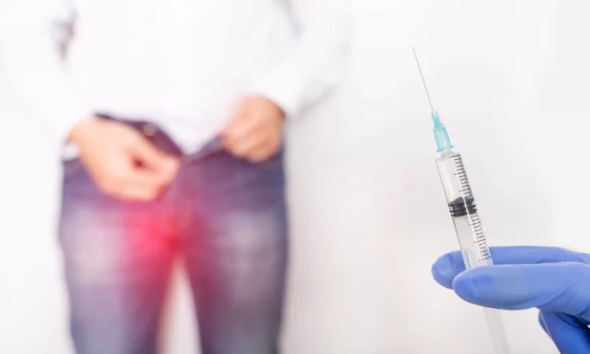 A healthcare professional holds a syringe, preparing for a varicocele repair procedure.