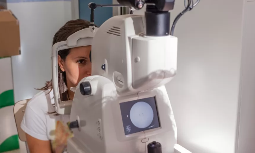 A woman examines an eye exam machine, highlighting the importance of vision care post-vitrectomy surgery.