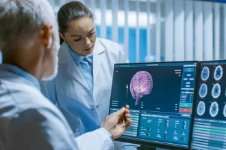 Surgeon performing functional neurosurgery to treat neurological disorders.