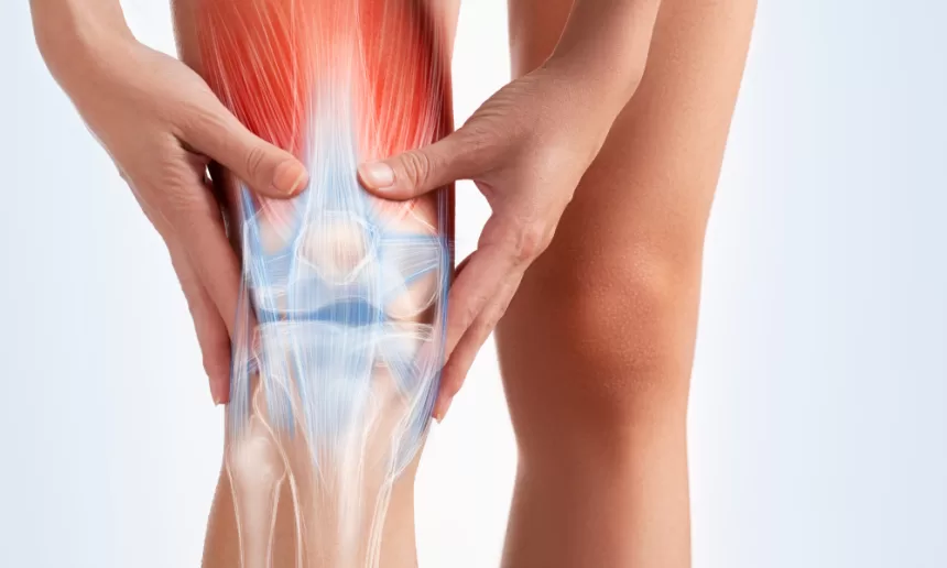 Knee replacement surgery procedure with a patient and surgical team in an operating room.